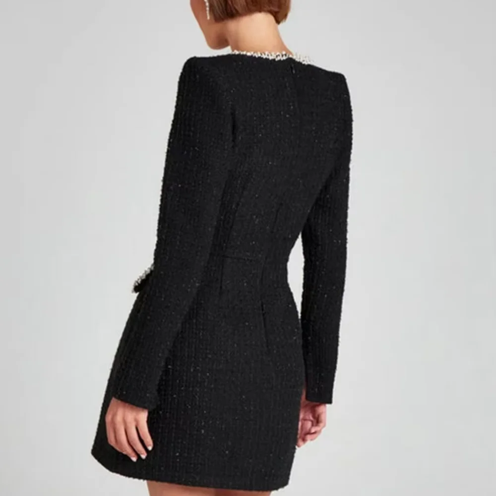 Tweed Long Sleeve Dress Women Fashion Shiny Square Collar Shoulder Pads Dress - Picture 5 of 10